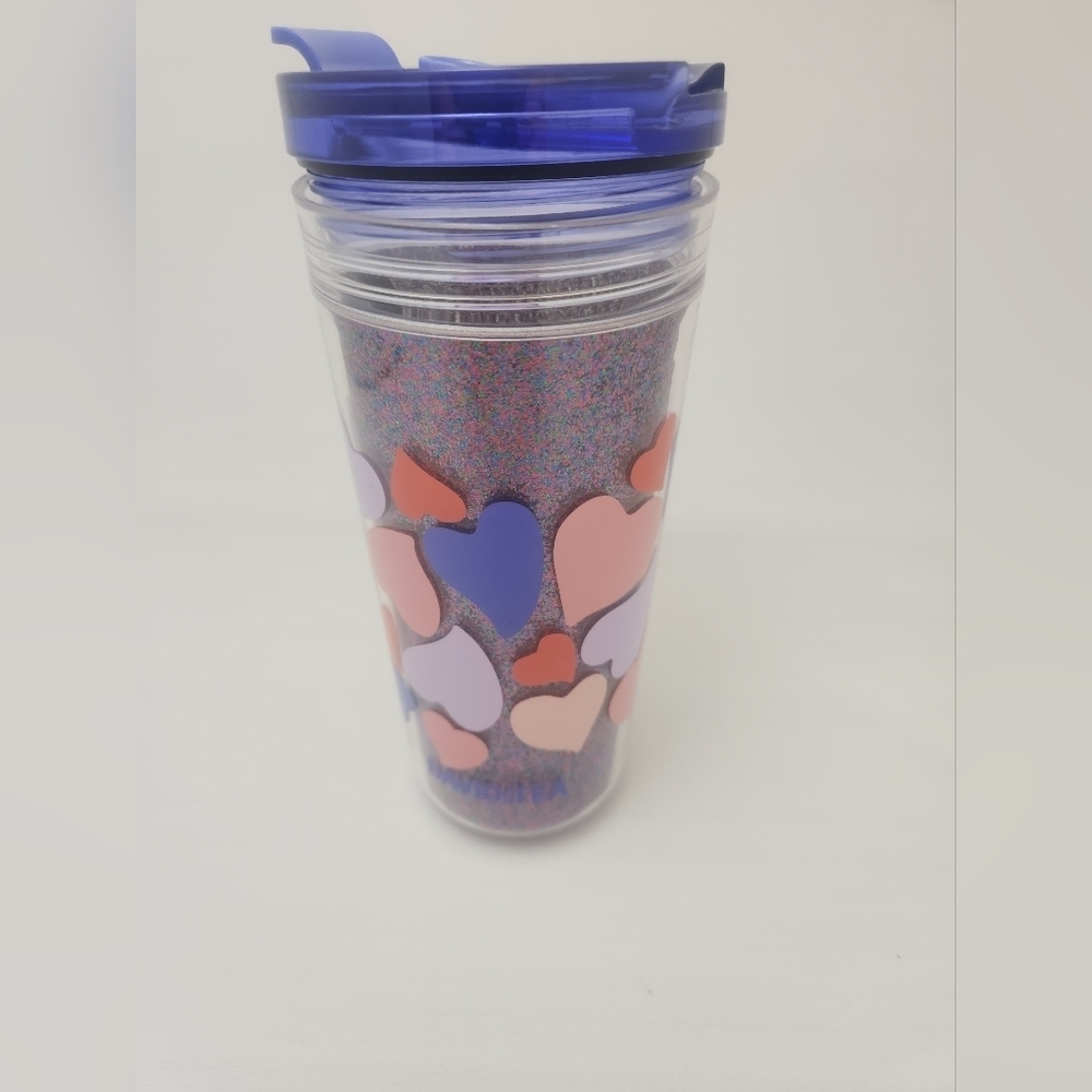 Davids Tea Favorite Tumbler Tritan Hearts Glitter Purple, 20ml With Lid - NWOT